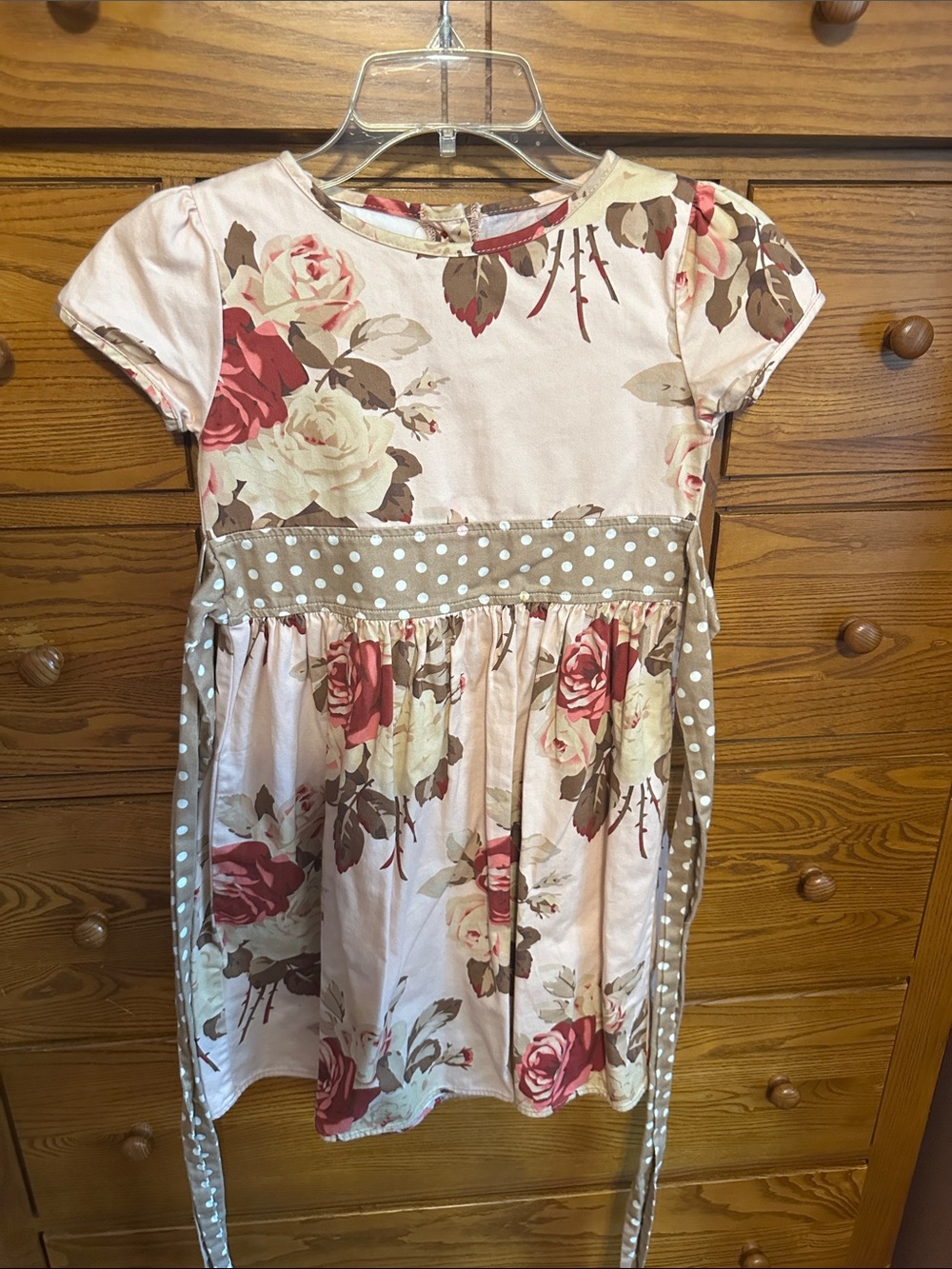 Persnickety Pink Floral Dress with Taupe Polka Dot Sash